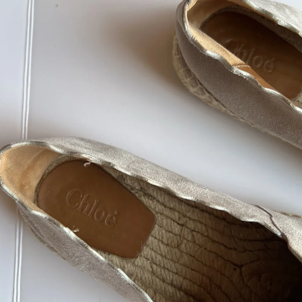 Chloé Lauren Scalloped Suede Espadrille Flats Gray Slip On Jute Sole Size 7.5